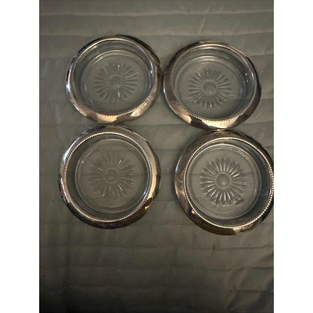 4 VTG Leonard Sunburst Crystal Glass Coasters Silver Plated Italy 4"